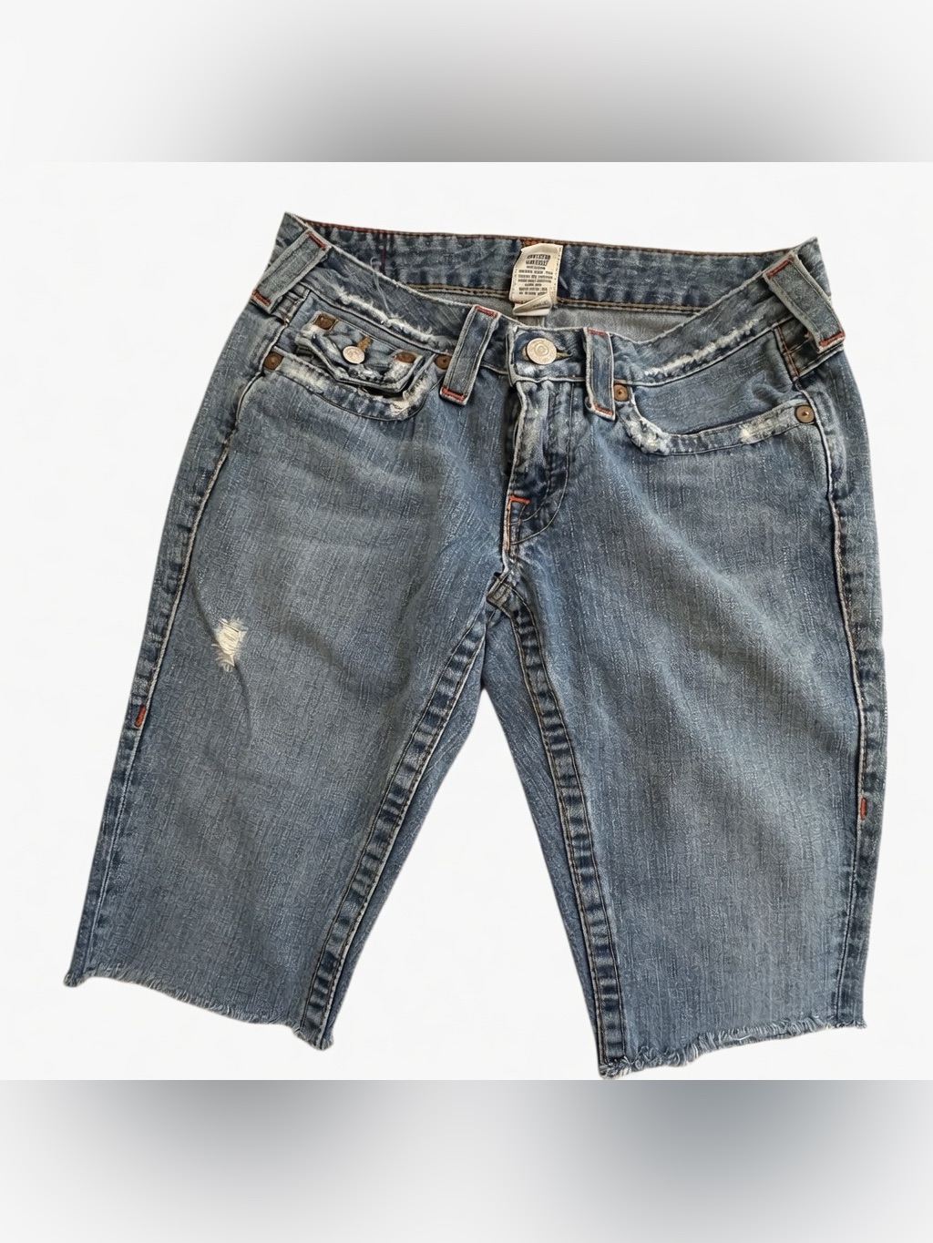 True Religion Distressed Blue Denim Cutoff Shorts